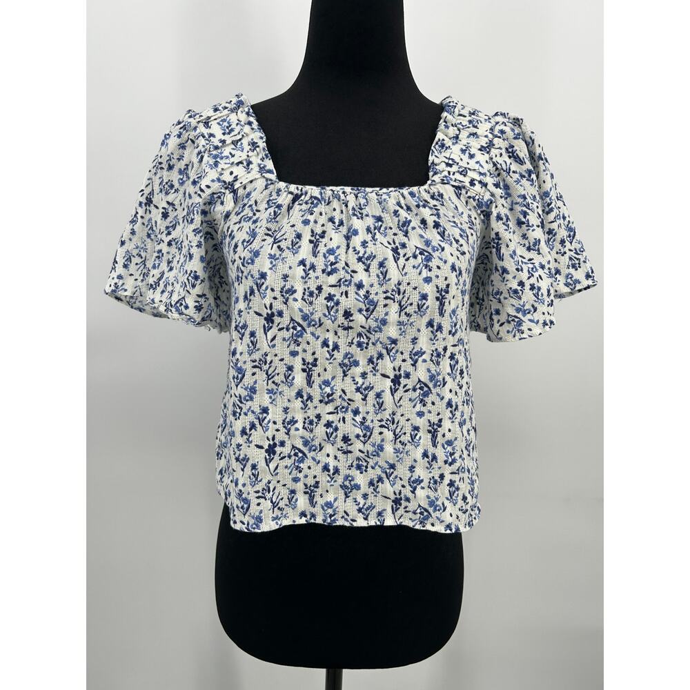 AQUA Bloomingdales Blue Floral Puff Sleeve Square Neck Women's XS